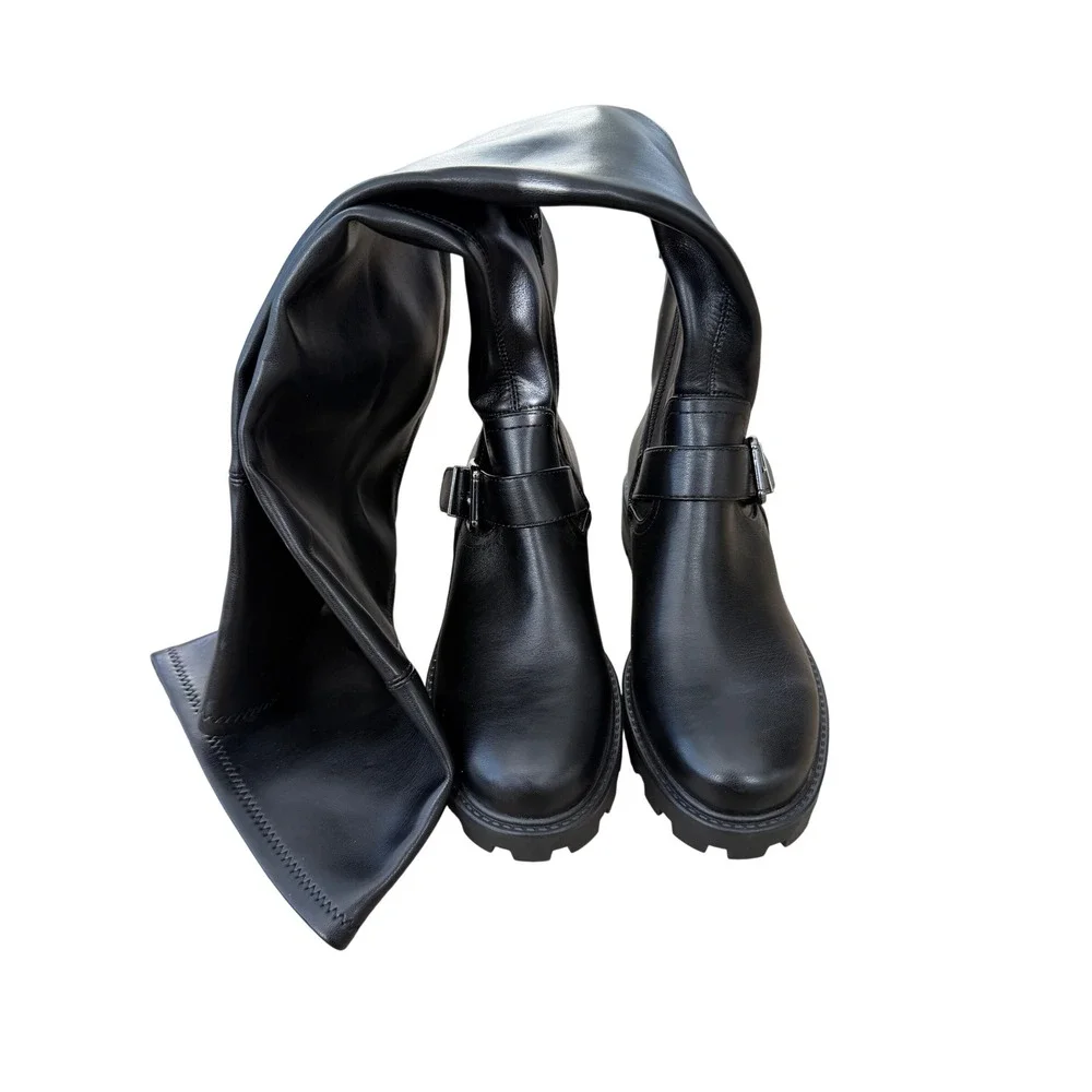 Nine West Over The Knee Lug Sole Moto Boots Black Buckle Size 7M Side Zip NEW